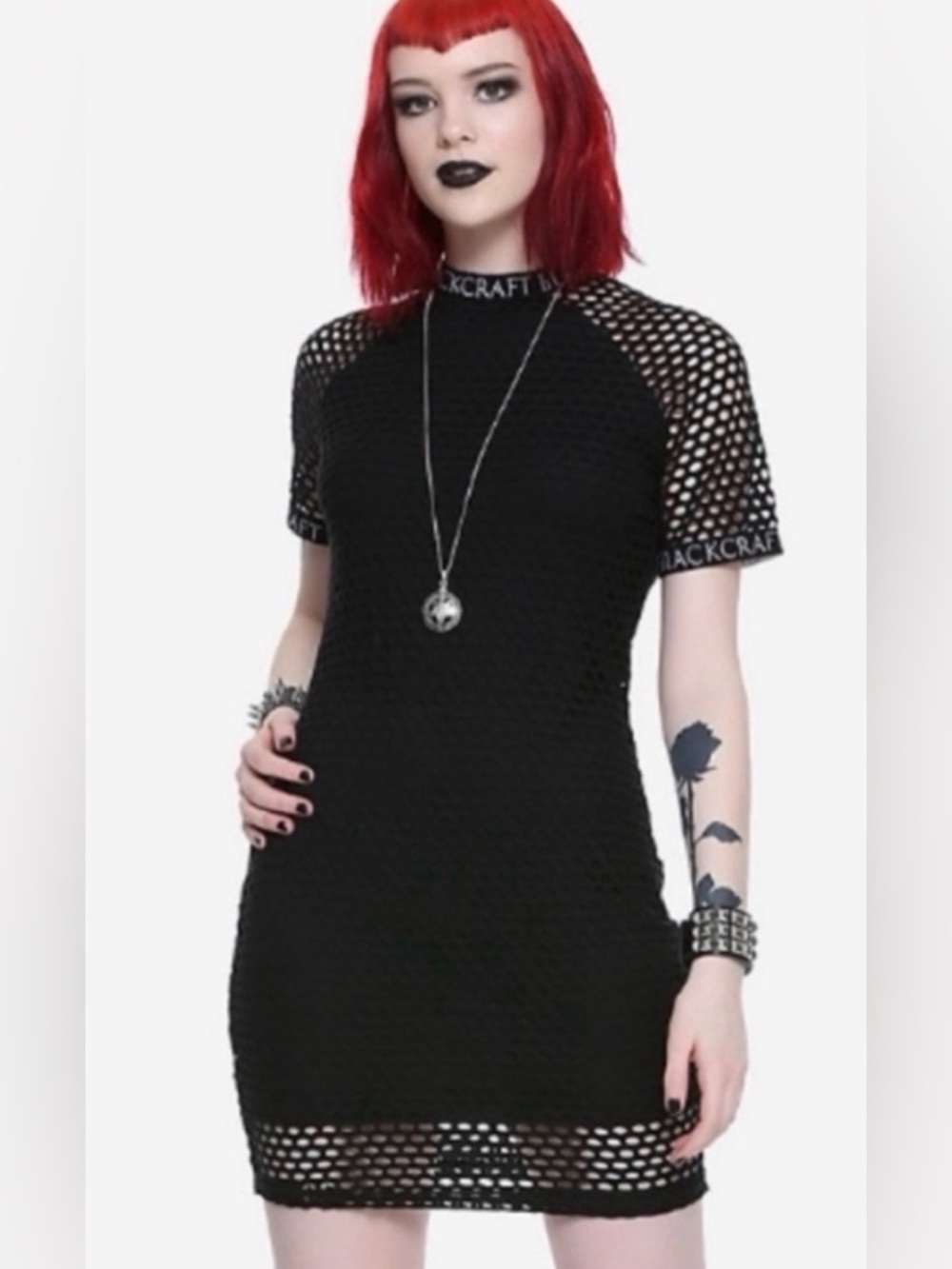 BlackCraft Cult Mesh Short Sleeve Mini Dress with Branded Collar Cyber Goth